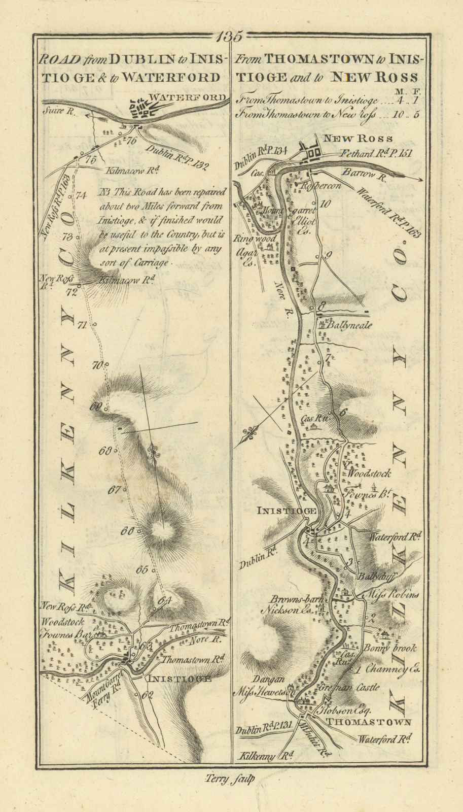 #135 Inistioge to Waterford / Thomastown to New Ross. TAYLOR/SKINNER 1778 map